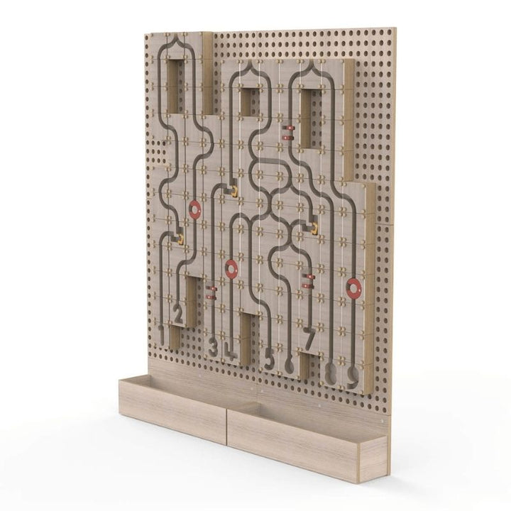 LiteZilla KidWorx numbered marble maze wall activity render showing a complex numbered run pathway on the beechwood grid with storage bins, supporting STEM reasoning and sequential thinking