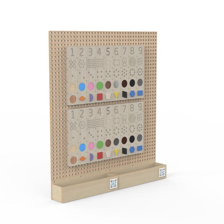 LiteZilla KidWorx Math Medley activity product render showing numbered rows with colourful shape and colour-matching components on the beechwood wall grid, a hands-on early numeracy and pattern recognition activity for schools