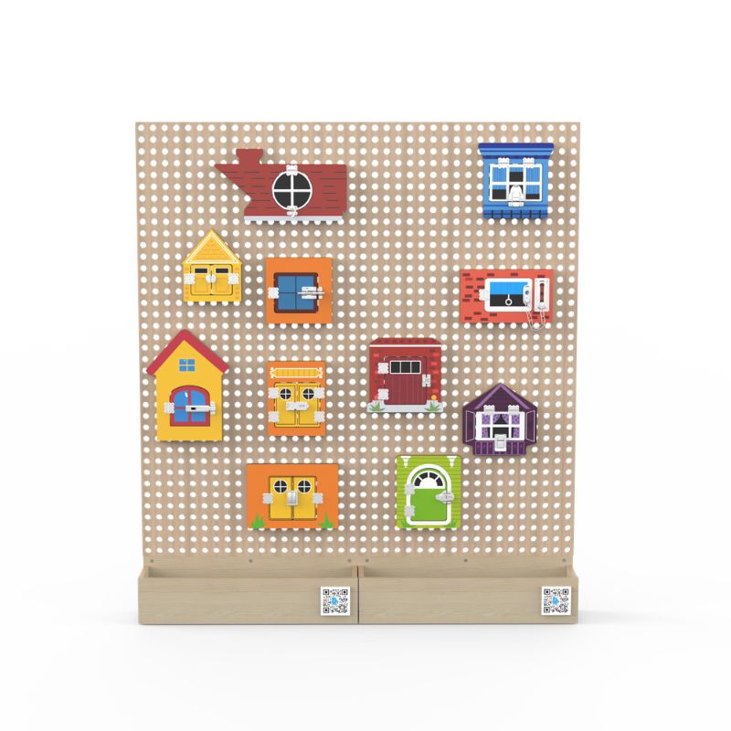 LiteZilla KidWorx house and building sorting activity product render showing colourful building tiles arranged on the standalone beechwood wall grid, supporting categorisation, spatial reasoning, and creative STEM play