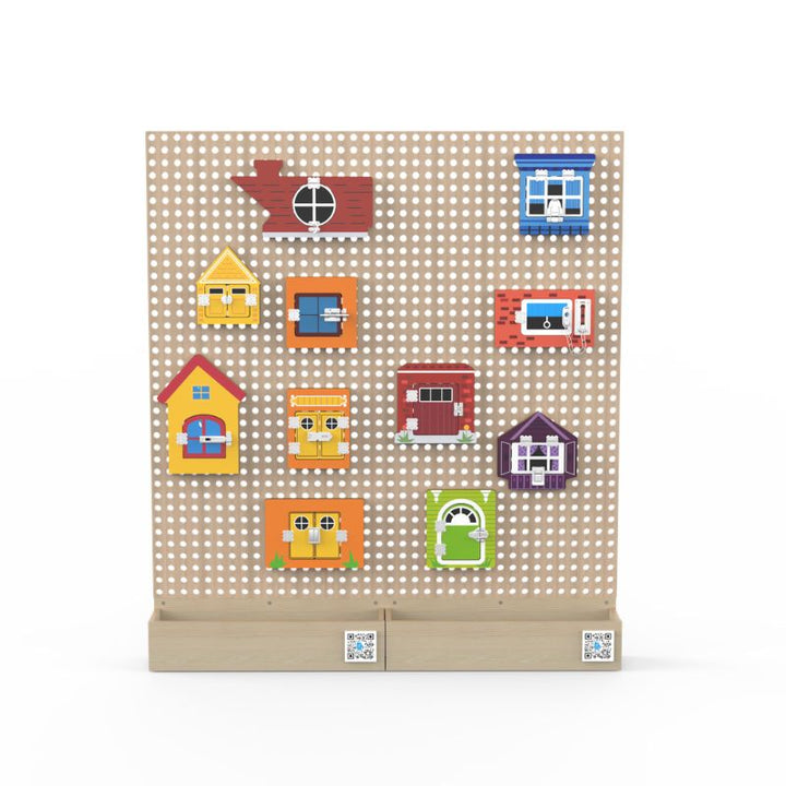 LiteZilla KidWorx house and building sorting activity product render showing colourful building tiles arranged on the standalone beechwood wall grid, supporting categorisation, spatial reasoning, and creative STEM play