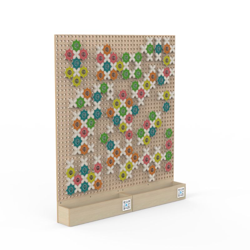 LiteZilla KidWorx Shimmer Shape Station product render showing a colourful repeating floral mosaic pattern on the beechwood wall grid, a creative patterning and visual arts activity for classrooms and learning centres