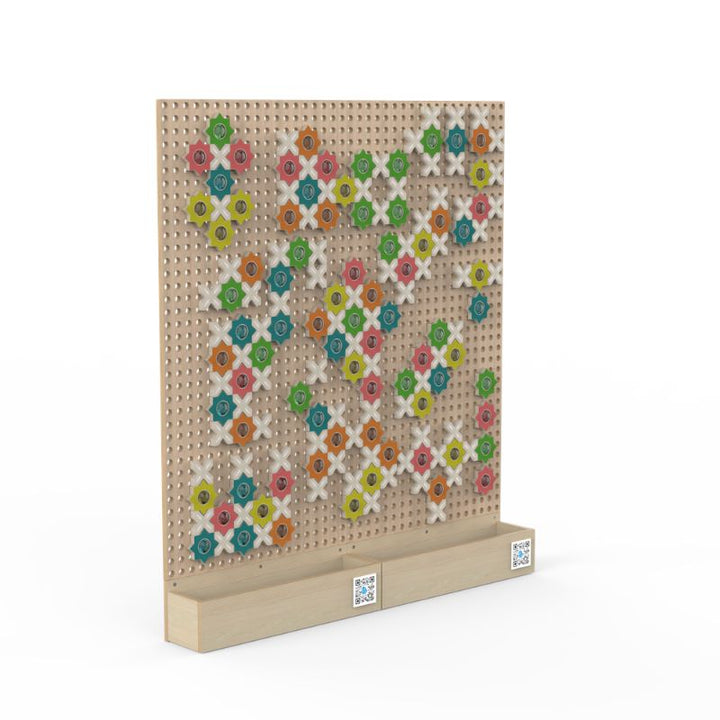 LiteZilla KidWorx Shimmer Shape Station product render showing a colourful repeating floral mosaic pattern on the beechwood wall grid, a creative patterning and visual arts activity for classrooms and learning centres