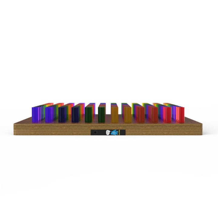 Front view of the LiteZilla Mini in Dark Hardwood finish with coloured LitePins displayed in the backlit grid