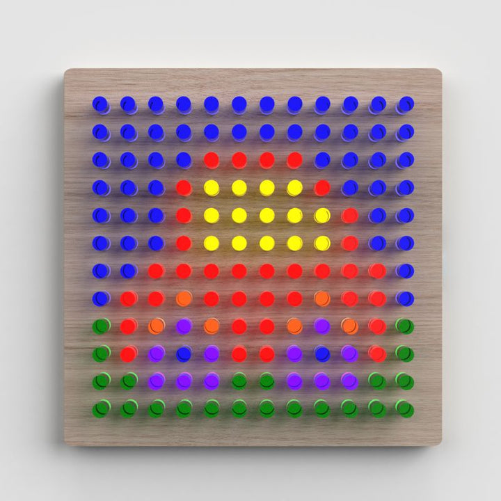 Full front view of the LiteZilla Mini in Light Hardwood finish displaying the LED-backlit sensory light board