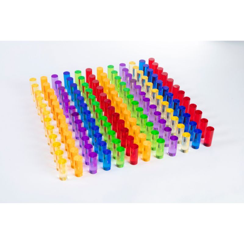 LiteZilla Mini LitePins 72-pack spread showing all six acrylic pin colours for LiteZilla Mini and IllumiTable sensory light grids