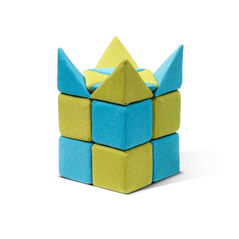 A turret style build using the JollyHeap Extra 16 magnetic block expansion set, with pyramids and wedges topping a cube base for advanced sensory construction