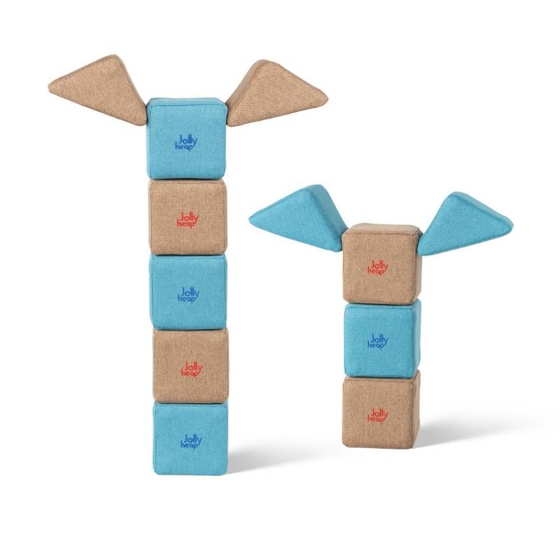Two small figures built from JollyHeap Pixi magnetic building blocks shown side by side