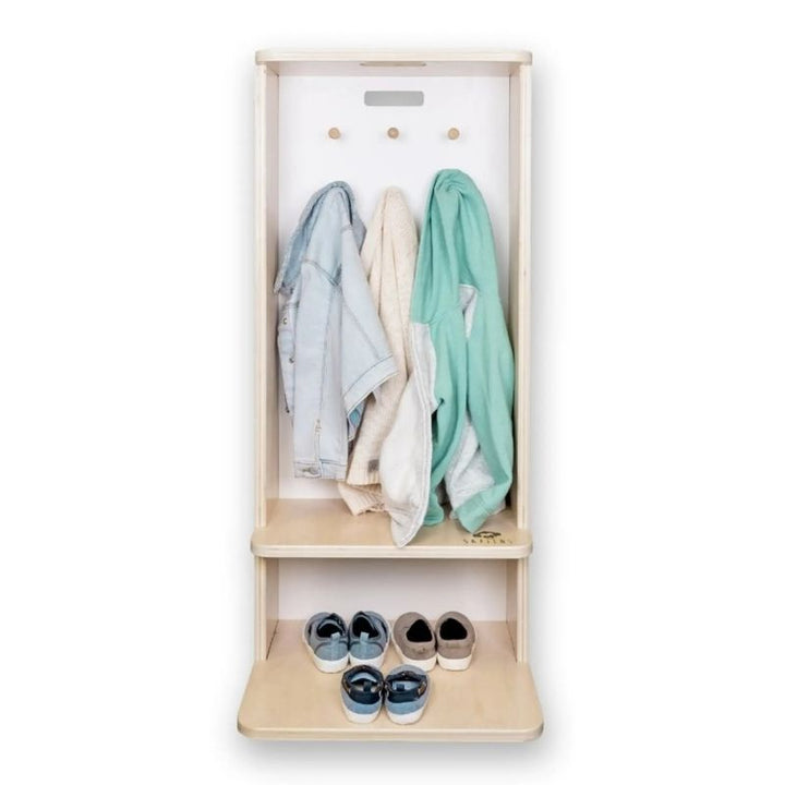 Sapiens Child Mango Montessori Cubby Coat Rack landscape view showing the full compact maple plywood cubby design with 6 hooks, child-sized seat, and boot storage area