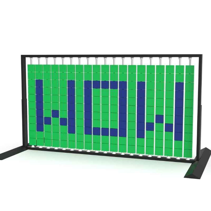 LiteZilla Mosaico Wall freestanding rotating wall panel spelling WOW in sapphire and green large squares