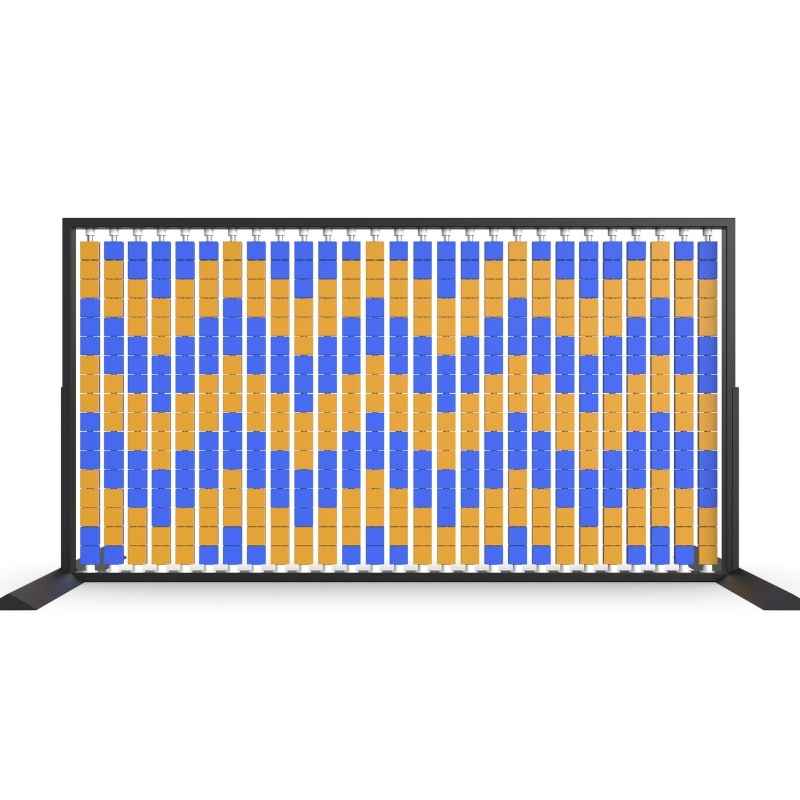 LiteZilla Mosaico Wall freestanding rotating wall panel with blue and orange small squares in a zig zag pattern