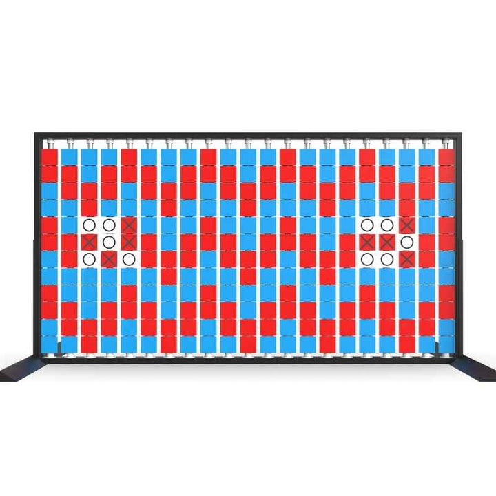 LiteZilla Mosaico Wall freestanding rotating wall panel with two built in tic tac toe games on light blue, red and white triangles