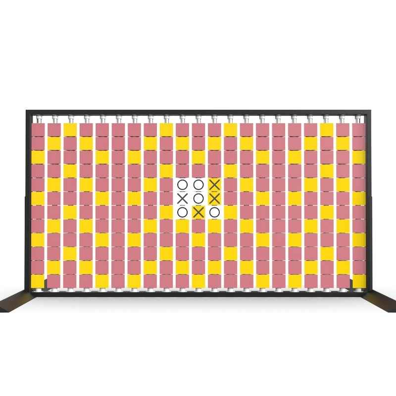 LiteZilla Mosaico Wall freestanding rotating wall panel with a built in tic tac toe game on yellow, pink and white triangles