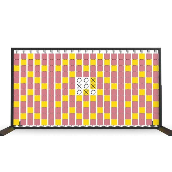 LiteZilla Mosaico Wall freestanding rotating wall panel with a built in tic tac toe game on yellow, pink and white triangles