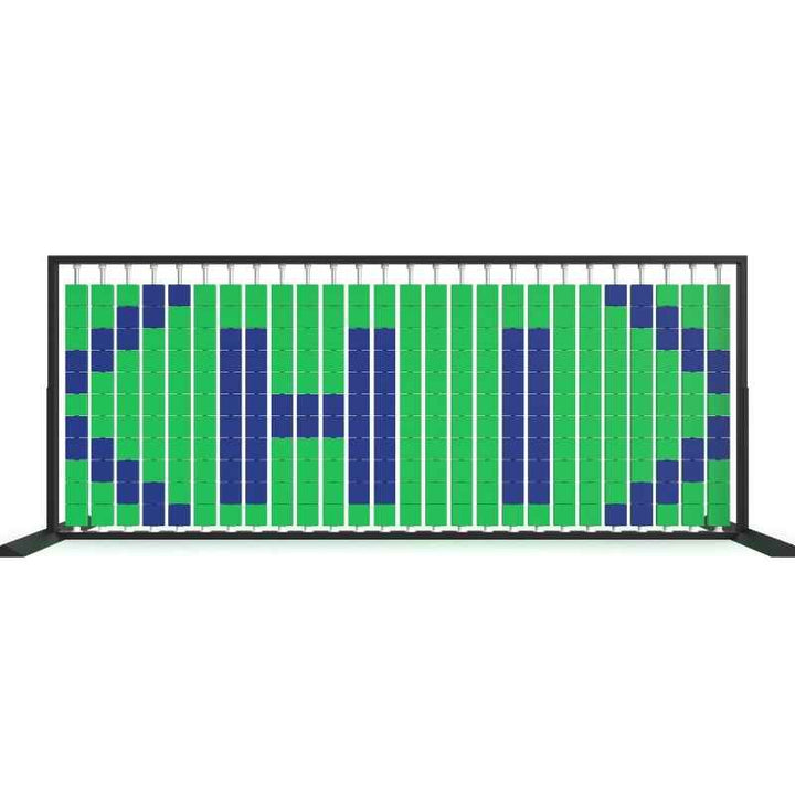 LiteZilla Mosaico Wall freestanding rotating wall panel spelling HI in green and sapphire large squares