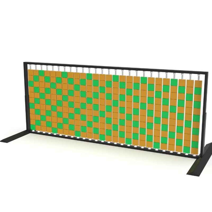 LiteZilla Mosaico Wall freestanding rotating wall panel with sapphire and orange large squares in a lattice pattern