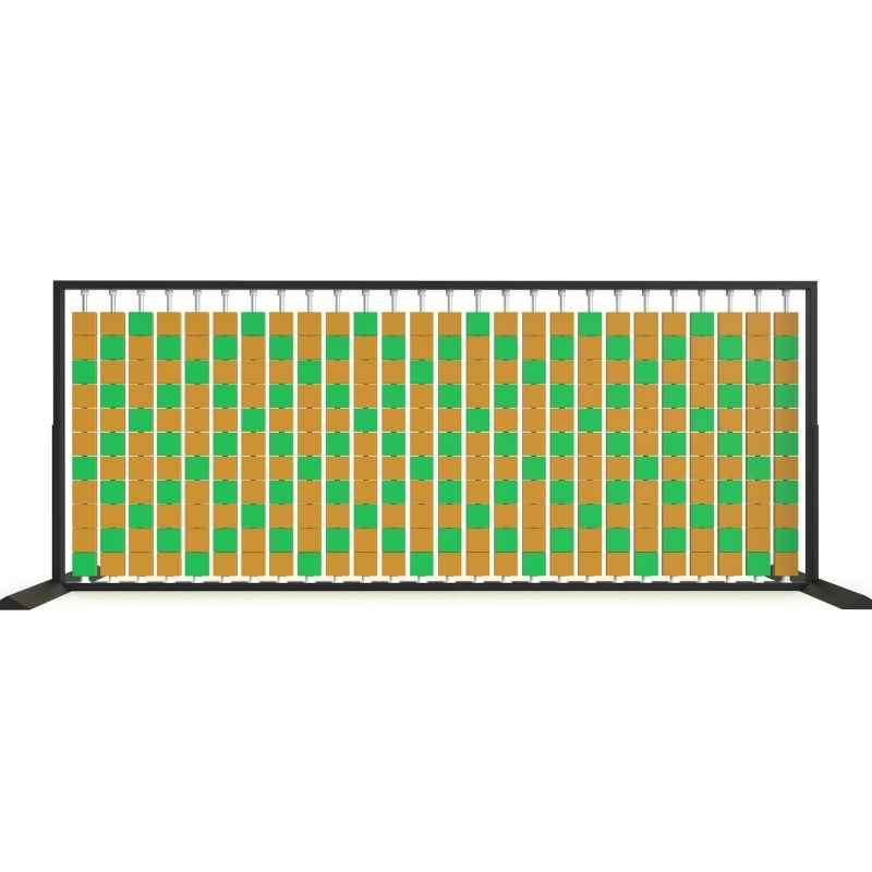 Angled view of the LiteZilla Mosaico Wall freestanding rotating wall panel with sapphire and orange large squares in a lattice pattern