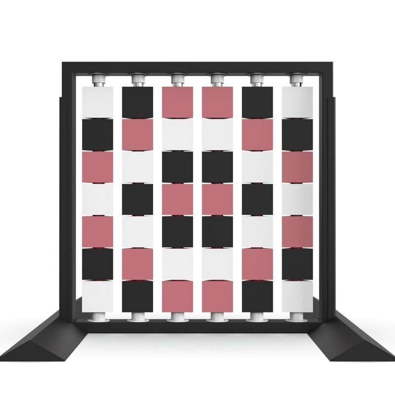 LiteZilla Mosaico Wall 4 by 4 foot freestanding rotating wall panel with black, white and pink triangles in a lattice pattern