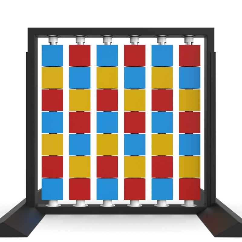 LiteZilla Mosaico Wall freestanding rotating wall panel with light blue, yellow and red triangles in a chevron pattern