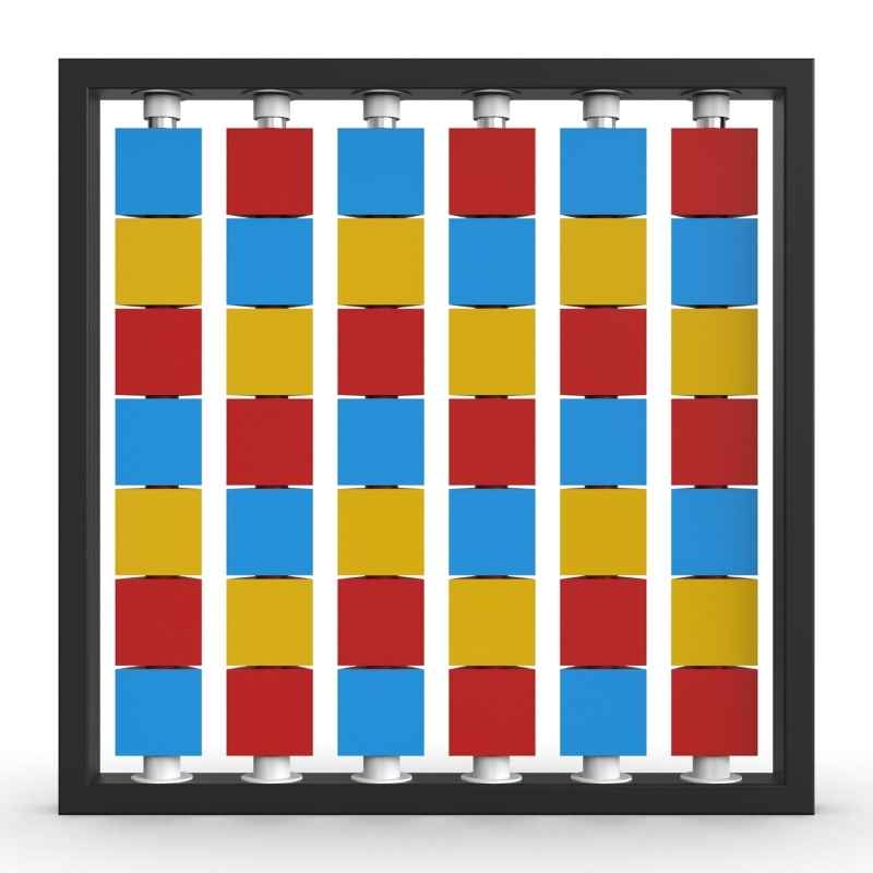LiteZilla Mosaico Wall wall mounted rotating wall panel with light blue, yellow and red triangles in a chevron pattern