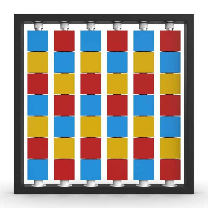 LiteZilla Mosaico Wall wall mounted rotating wall panel with light blue, yellow and red triangles in a chevron pattern