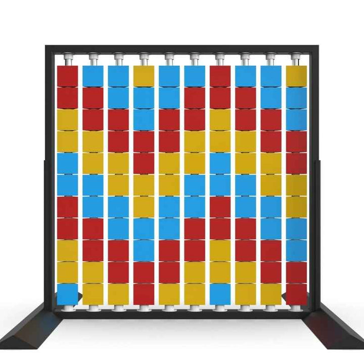 LiteZilla Mosaico Wall freestanding rotating wall panel with light blue, yellow and red triangles in a chevron pattern