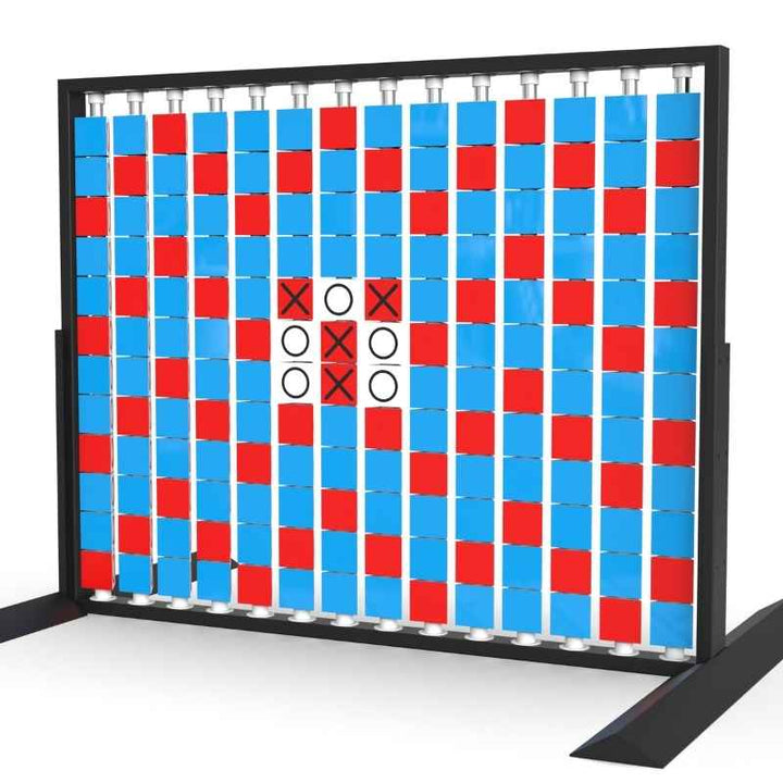 Angled view of the LiteZilla Mosaico Wall freestanding rotating wall panel with a built in tic tac toe game on light blue, red and white triangles