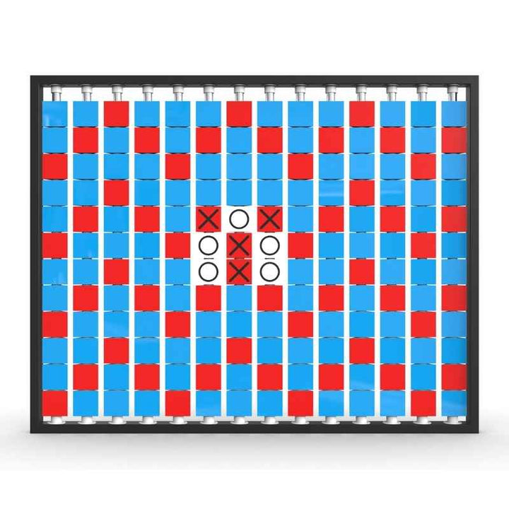 LiteZilla Mosaico Wall wall mounted rotating wall panel with a built in tic tac toe game on light blue, red and white triangles