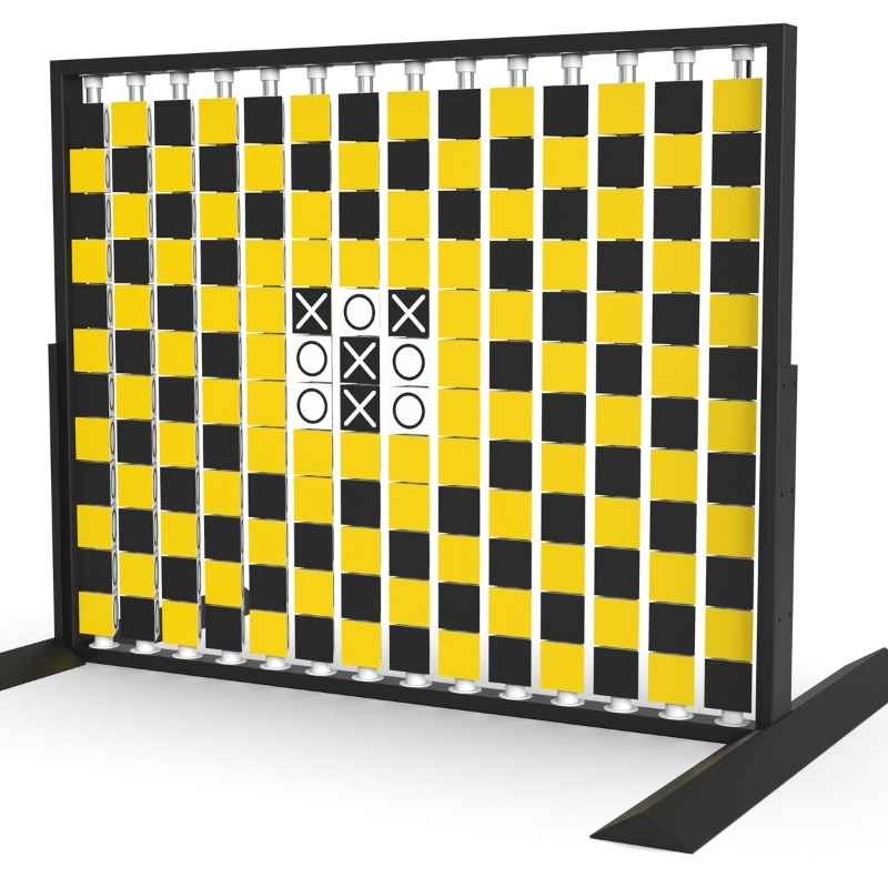 Angled view of the LiteZilla Mosaico Wall freestanding rotating wall panel with a built in tic tac toe game on yellow, black and white triangles
