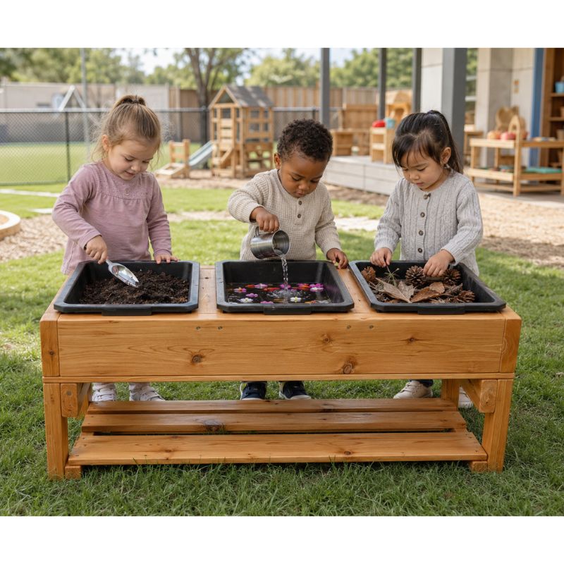 Three children exploring the ONP 3 Bin Sensory Table, mixing soil, floating flower petals in water, and sorting leaves and pinecones