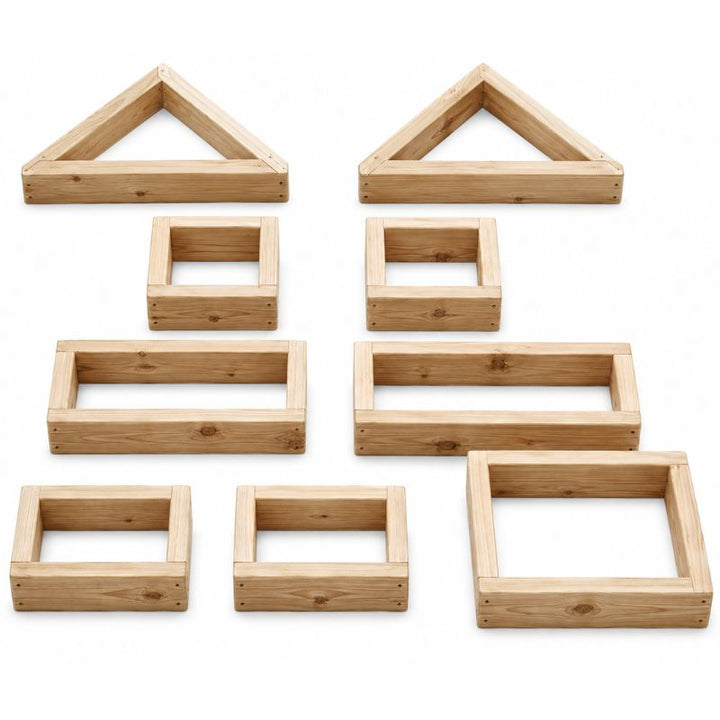 The complete ONP 9 Blocks set of open wooden frames, including triangles, squares and rectangles, shown on a white background