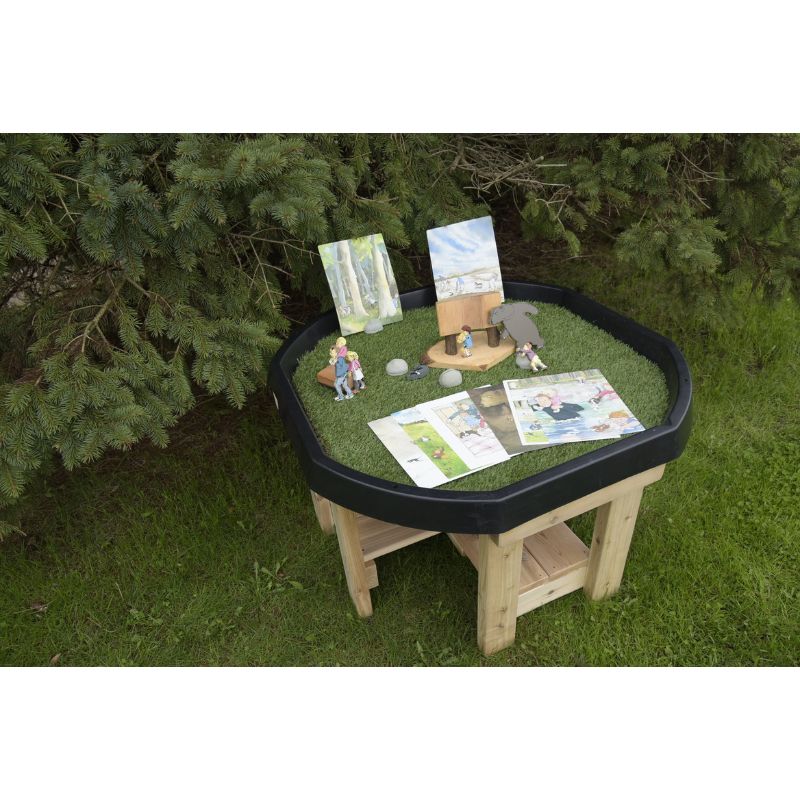 ONP Active World Tray Stand in cedar with accessories styled in the Tuff Tray, showing the outdoor sensory play station with integrated shelf for early years settings