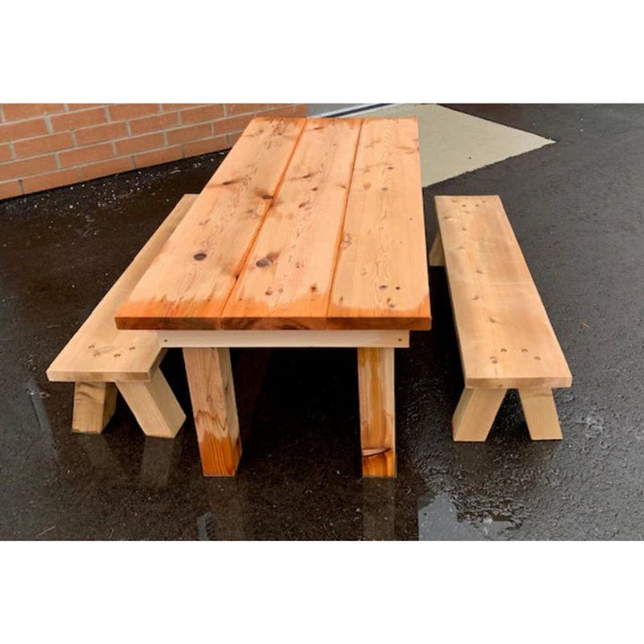 ONP Pre-School Project Table and Benches front angled view showing the full cedar set including table and two benches for outdoor early years classroom settings