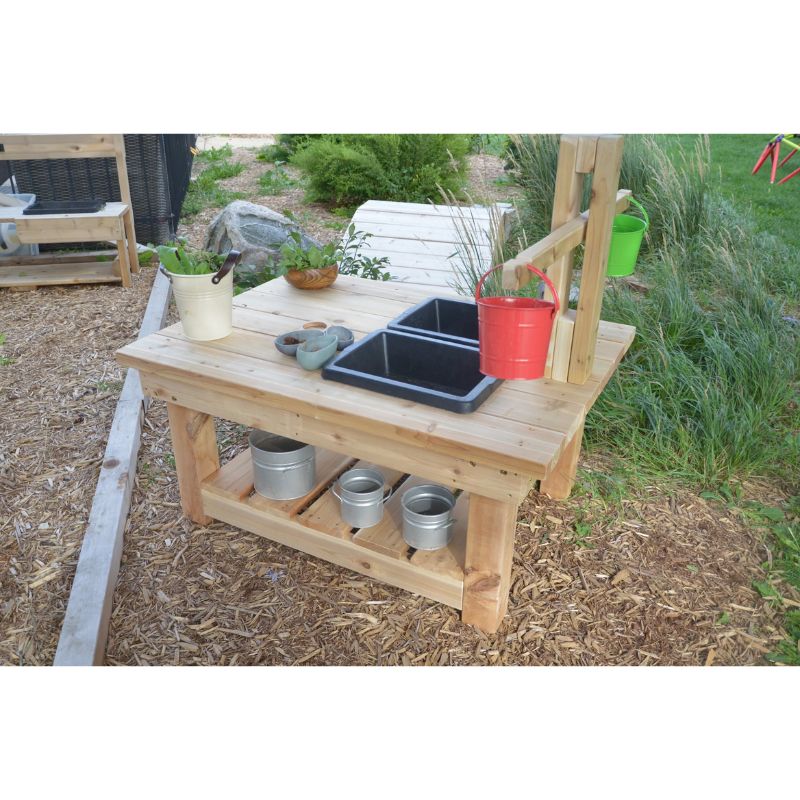 ONP Large Explorer Table with Weigh Scale portrait view showing the full outdoor cedar STEM table with wooden balance scale, galvanized sink insert, and group-format 42-inch work surface for early years science exploration