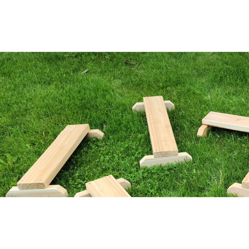 ONP Gross Motor Boards portrait view showing all 8 Western Red Cedar boards from 17 to 40 inches in length, a set of outdoor cedar balance and gross motor boards for balance paths, obstacle courses and STEM structures in early years programmes