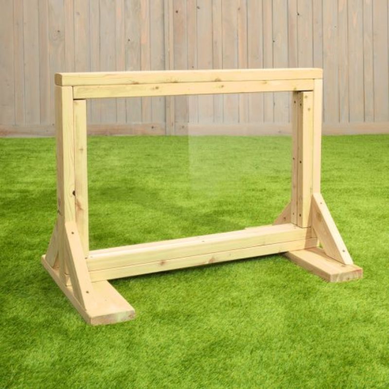 ONP Infant Art Easel portrait view showing the North American Cedar frame and dual-sided clear acrylic panel at infant height 30.5 inches, an outdoor cedar transparent acrylic art easel for mark making and sensory play for children aged 6 to 18 months across Canada and the US