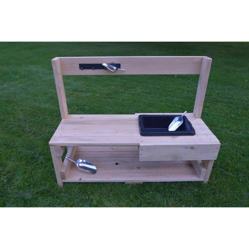 ONP Infant Mud Kitchen 14" High portrait view showing the full North American Red Cedar construction, 12-inch playtop height, and off-centre rubber sink crawl-through design for infants and young toddlers in outdoor early years settings