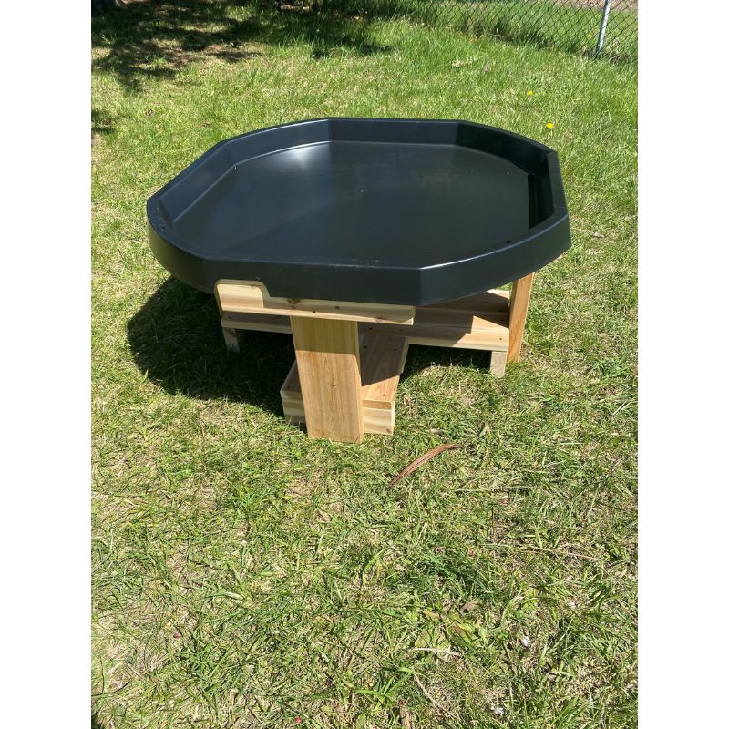 ONP Infant Active World Tray Stand 12" front view showing the Western Red Cedar frame, included black Tuff Tray, and integrated lower storage shelf - a natural cedar alternative to metal tuff tray stands at infant height for early years settings across Canada and the US