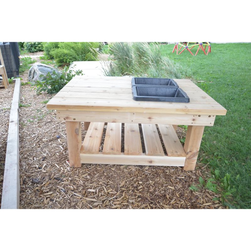 ONP Large Explorer Table portrait view showing the full Western Red Cedar frame, galvanized sink inserts, and lower storage shelf, the large outdoor cedar sensory table for group discovery play across Canada and the US
