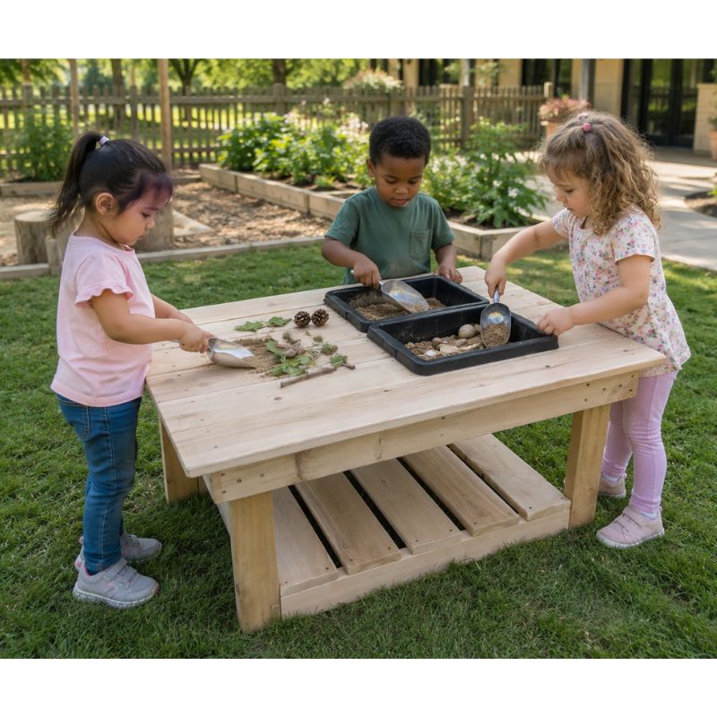 Three children scooping sand and stones into the two bins on the ONP Large Explorer Table outdoors, with pinecones and twigs on the shelf below