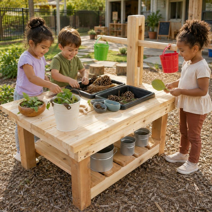 Three children weighing red and green buckets on the balance scale attached to the ONP Large Explorer Table, with pinecones, sticks and leaves sorted in bins below