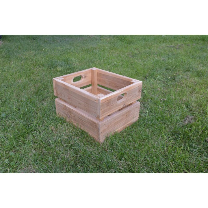 ONP Large Outdoor Box side view showing the solid Western Red Cedar construction and cut-out handles, a multipurpose outdoor storage box, step stool, and climbing box for children in early years settings