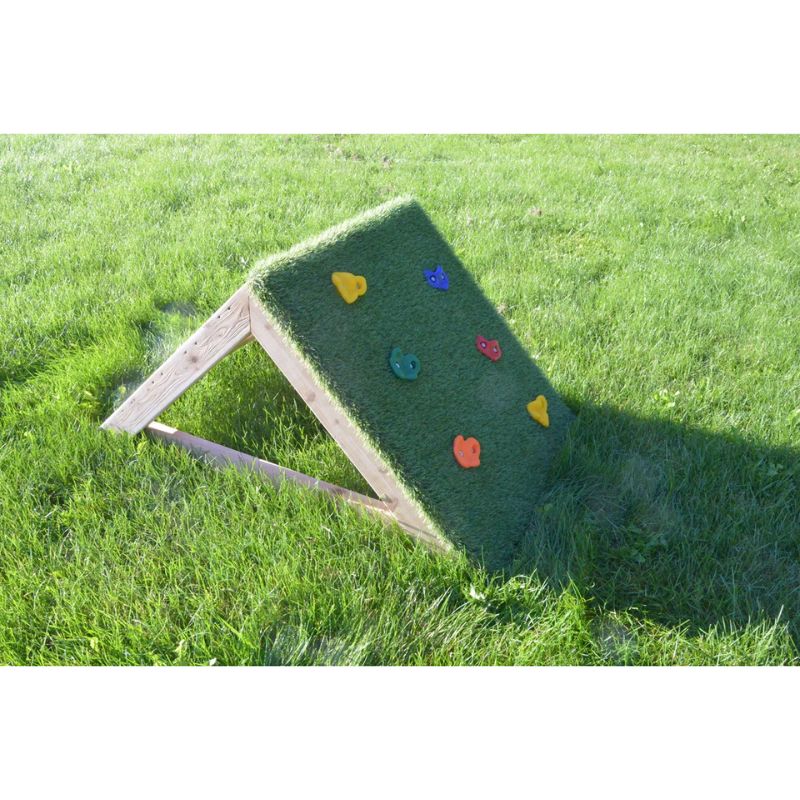 ONP Mini-Climber portrait view with accessories showing the Western Red Cedar dual-sided climbing frame, featuring the turf ramp and grip climbing wall for toddler gross motor and sensory development indoors and outdoors