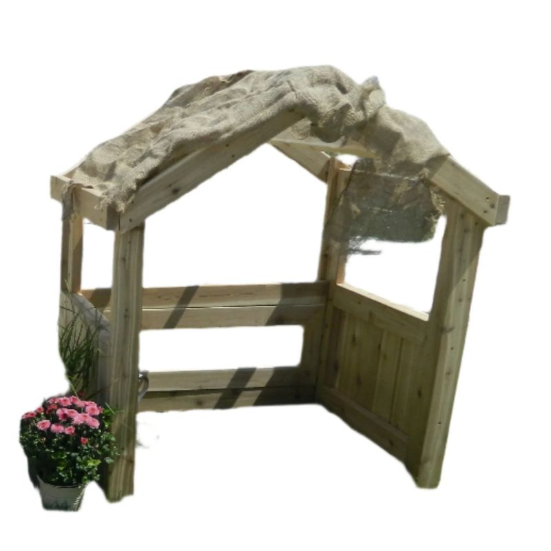 ONP Outdoor Baby Den shown with accessories demonstrating the open top draping feature and cedar partial enclosure, illustrating how educators can customise the sensory environment inside this outdoor infant den for childcare and early years settings