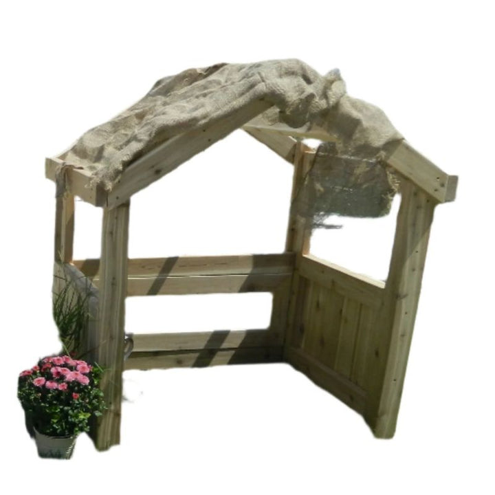 ONP Outdoor Baby Den shown with accessories demonstrating the open top draping feature and cedar partial enclosure, illustrating how educators can customise the sensory environment inside this outdoor infant den for childcare and early years settings