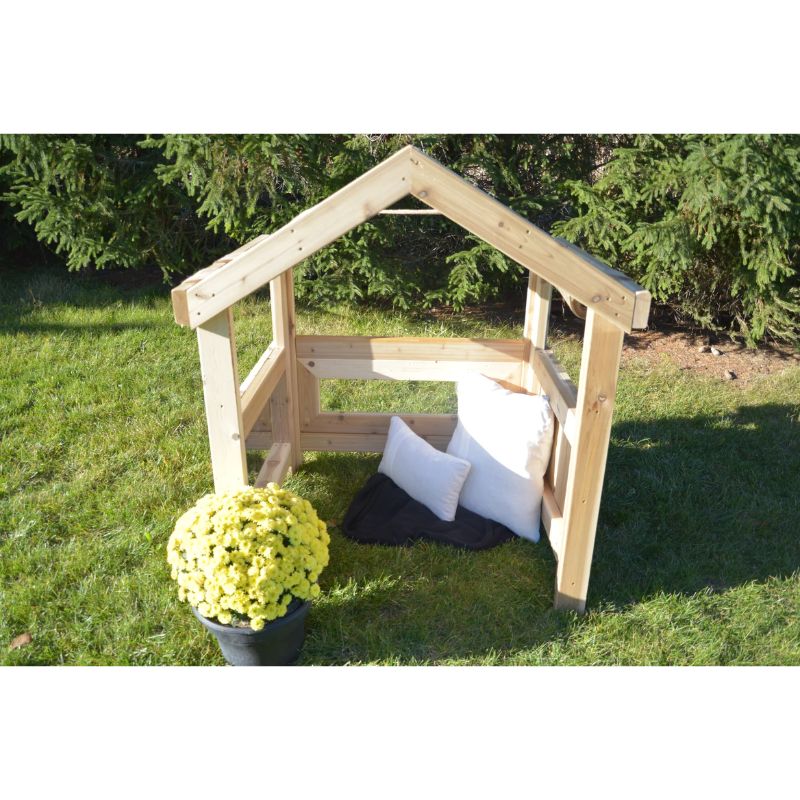 ONP Outdoor Baby Den portrait view showing the full North American Cedar construction, three enclosed walls, and open top design of this cedar infant den with mirror and plexiglass window for outdoor sensory play for children aged 6 to 18 months