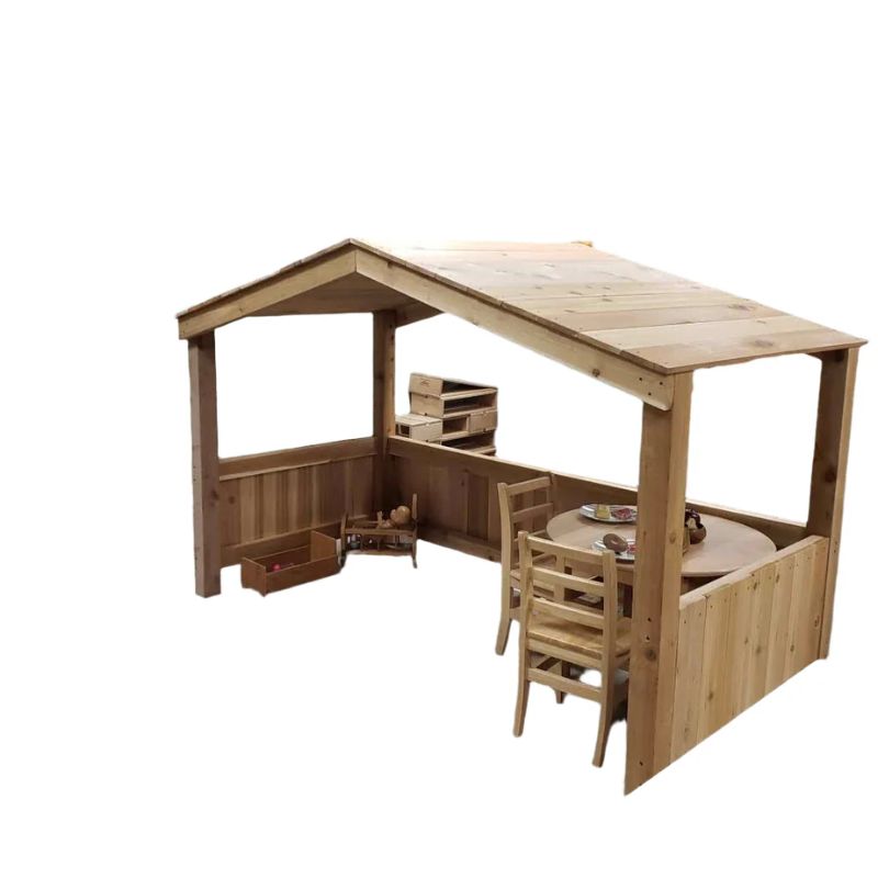 Clean side view of the ONP Outdoor Group Play Cabana 4ft x 6ft cedar shade structure, showing the low wind walls and cedar construction designed to shelter groups of children in outdoor learning environments without restricting access
