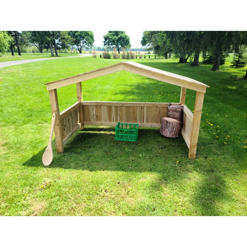 ONP Outdoor Group Play Cabana 4ft x 6ft portrait view showing the full Western Red Cedar construction, an outdoor shade structure with open front and low wind walls for early years classrooms and childcare gardens across Canada and the US