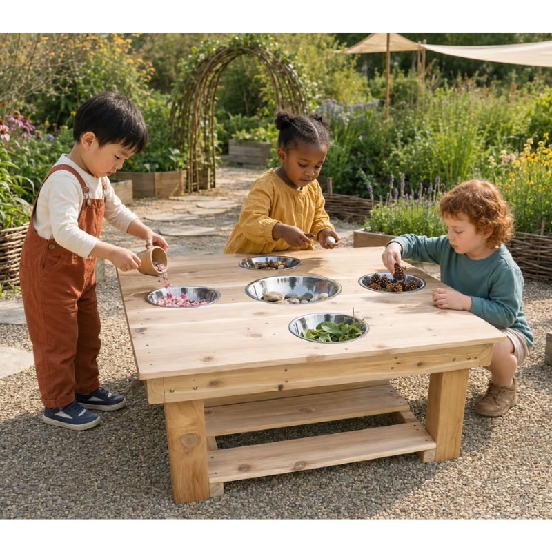 Three children gathered around the ONP Outdoor Messy Activity Table in a garden, filling the five stainless steel bowls with petals, stones, pinecones and leaves