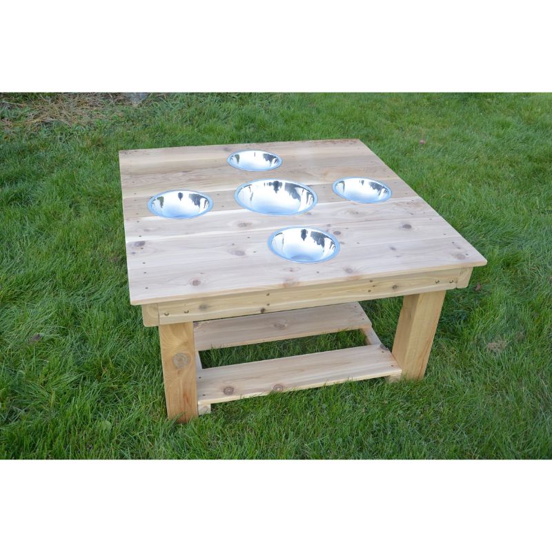 ONP Outdoor Messy Activity Table preschool size in portrait view, showing the five-bowl Western Red Cedar group sensory play station for outdoor early years exploration