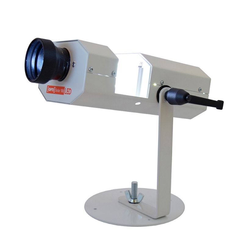 OPTIKinetics Solar 100 LED effects projector with 85mm lens, clean side view showing the compact white body of this silent sensory room projector